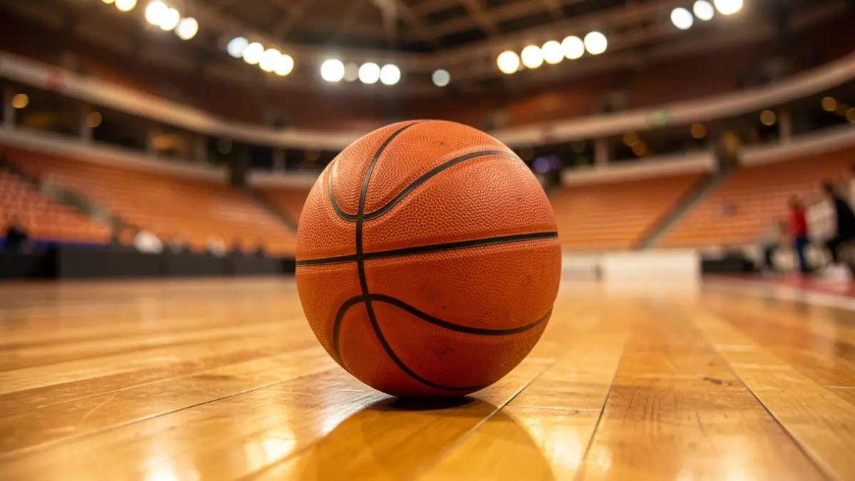Generic image of a basketball on a professional court.