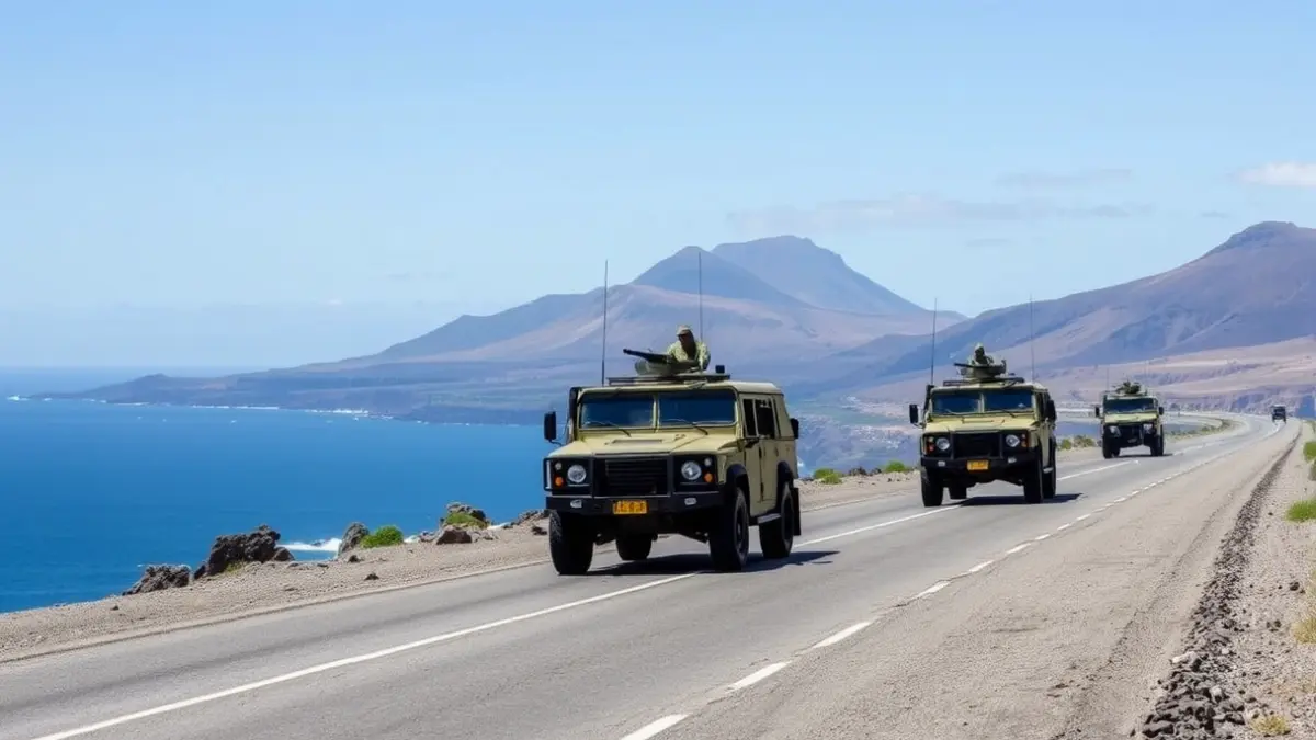 Vehículos militares patrullando una carretera costera en las Islas Canarias.