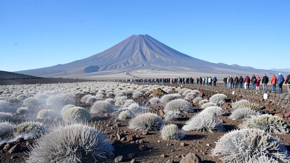Volcanic landscape of Teide National Park with vegetation adapted to extreme temperatures.