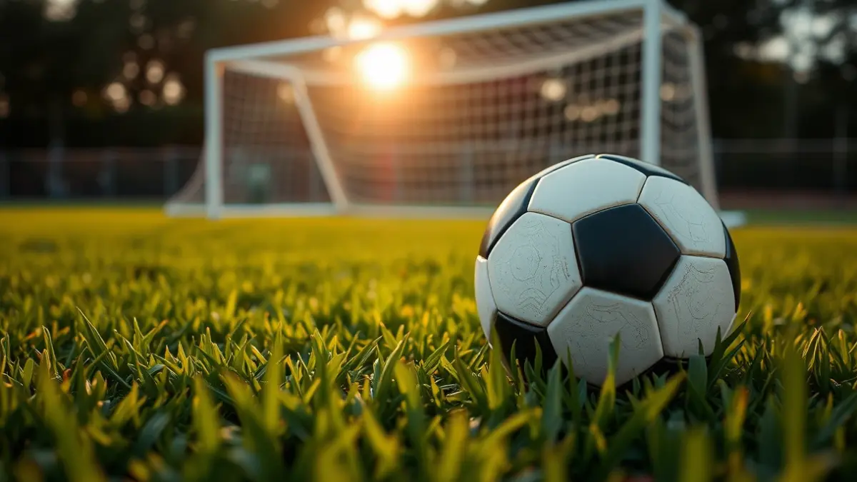 Generic image of a soccer ball on the grass, with a blurred goal in the background.