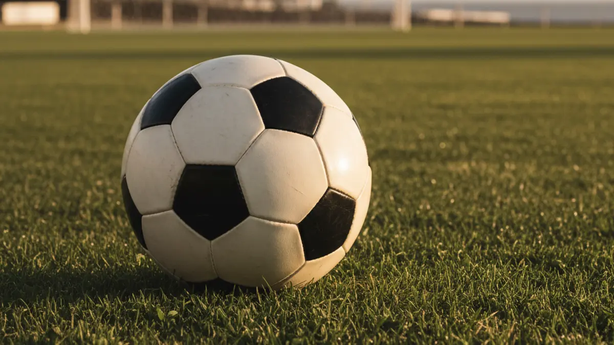 Generic image of a soccer ball on a grass field, with a blurred goal in the background.