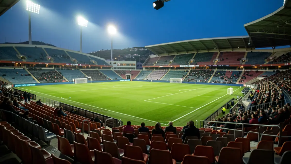 Imagen genérica de un estadio de fútbol con gradas vacías y el campo iluminado.