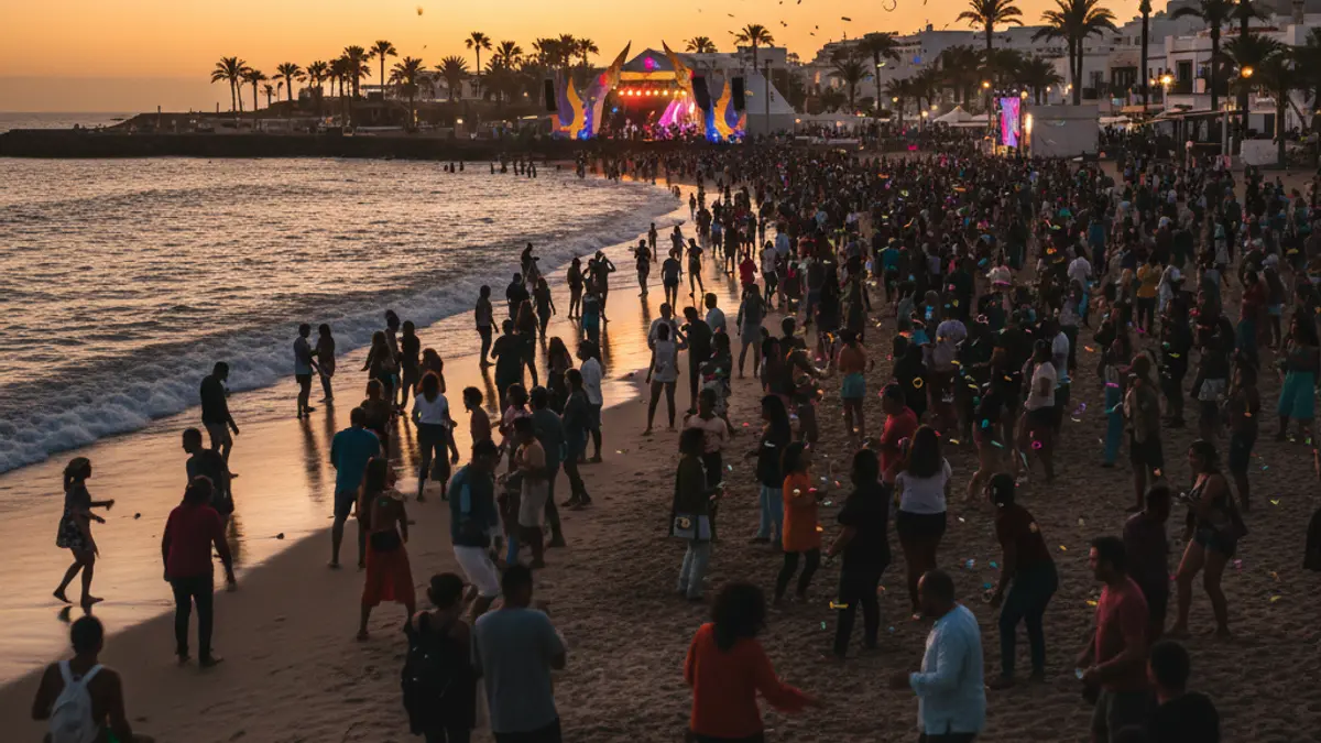 Image of a beach music festival with colorful lights and a festive atmosphere.