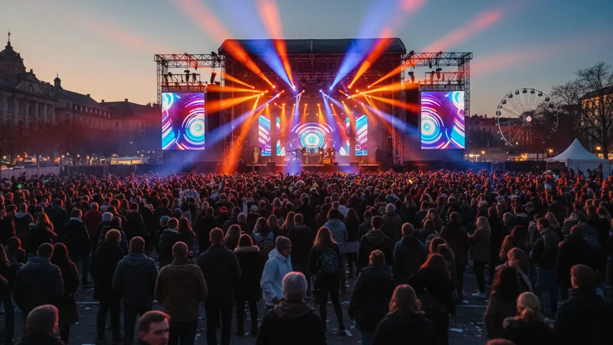 Generic image of a concert stage with vibrant lights and a blurred audience.