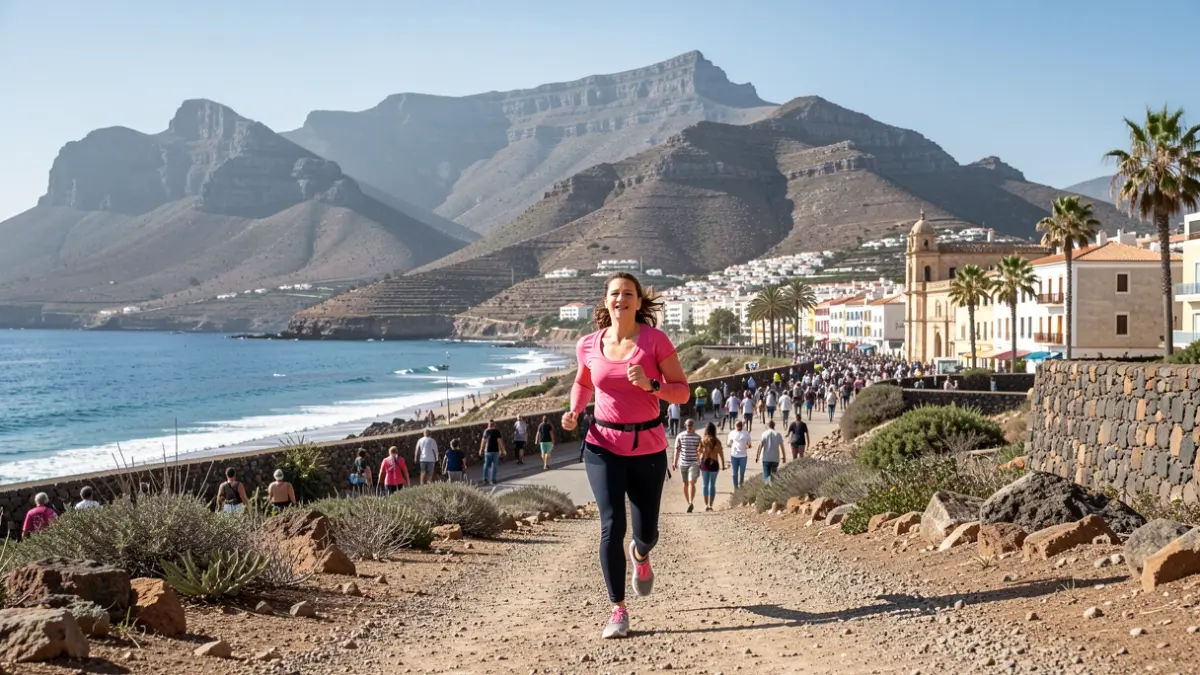 Generic image of a woman running through landscapes of Gáldar, Gran Canaria, conveying overcoming challenges.