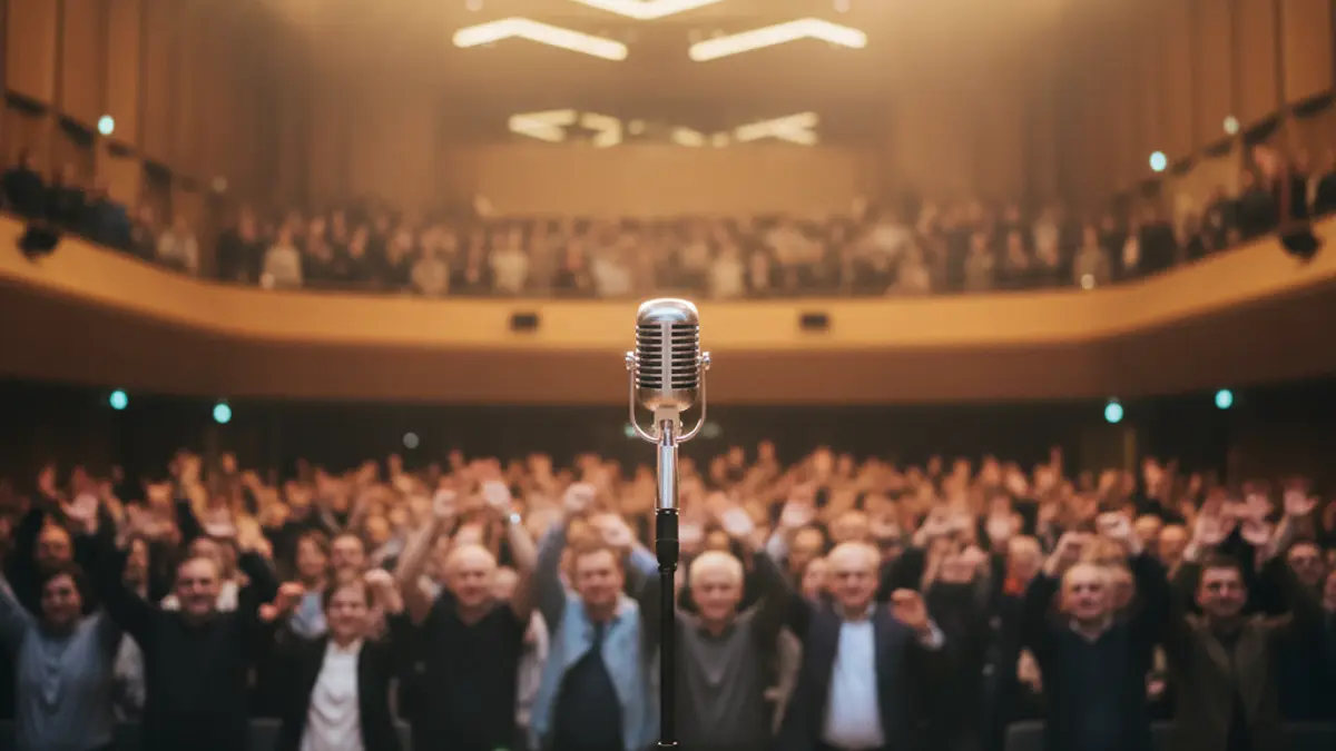 Generic image of a concert stage with a microphone and lights, with a blurred audience in the background.