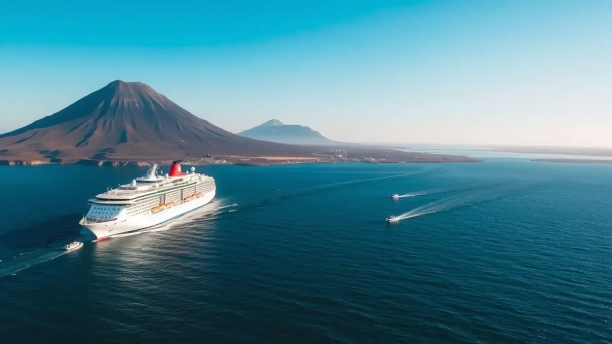 Image of a cruise ship anchored off the coast of Tenerife, with small tender boats.