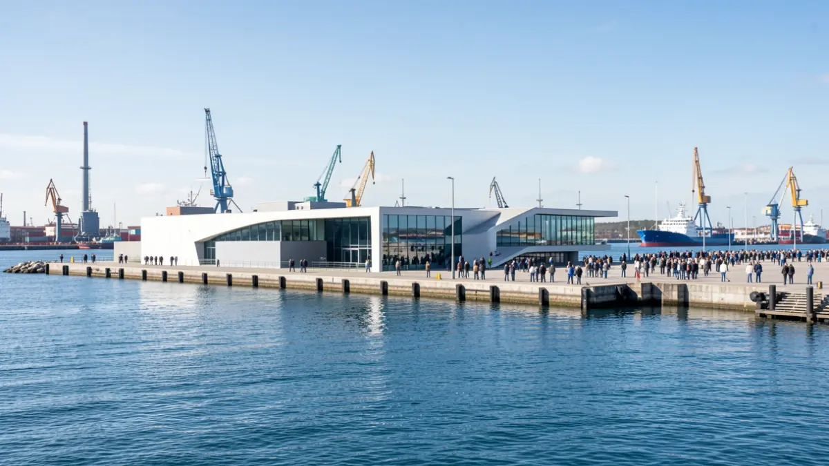 Conceptual representation of a marine research center in a port area.