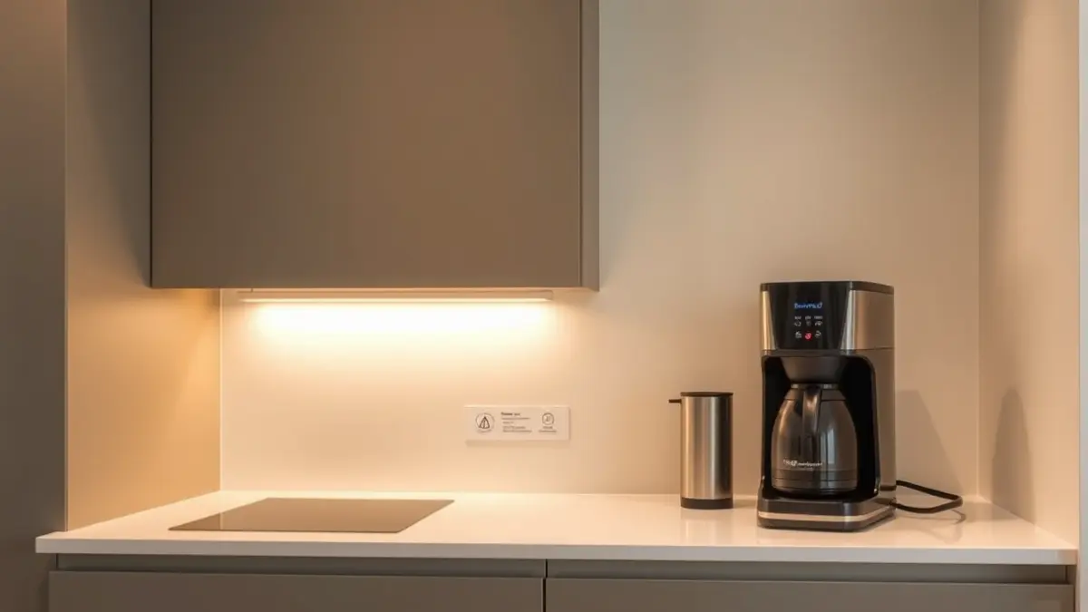 Imagen genérica de una cocina minimalista con cafetera y calentador de agua.