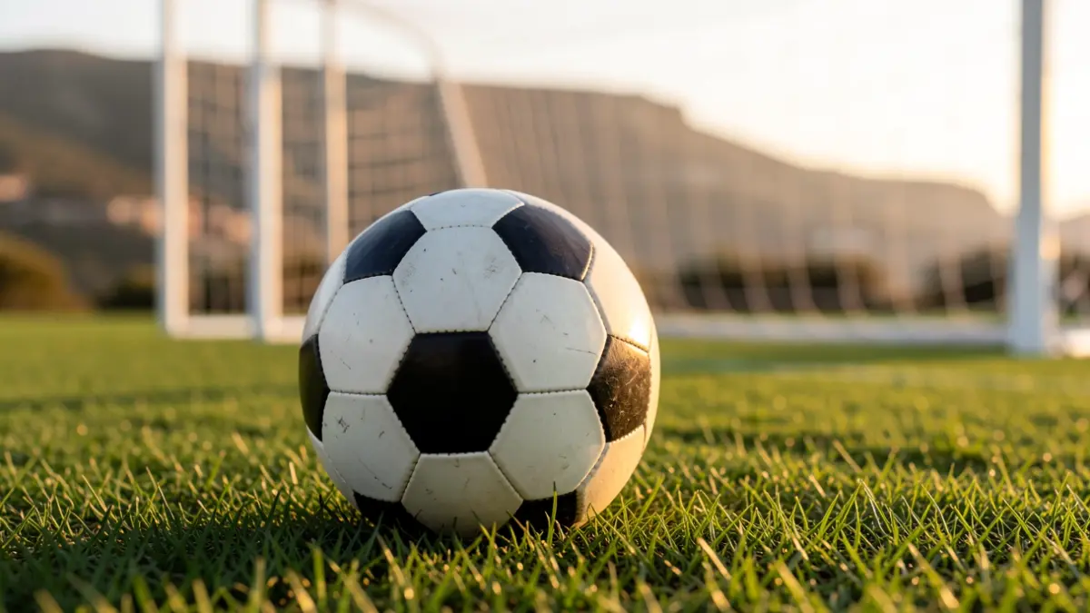 Generic image of a soccer ball on grass with the goal net out of focus.