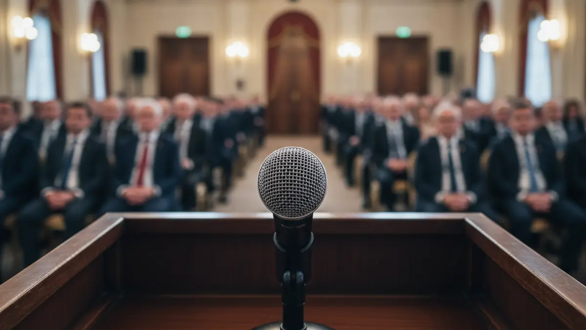 Generic image of a microphone on a podium, symbolizing a political speech.