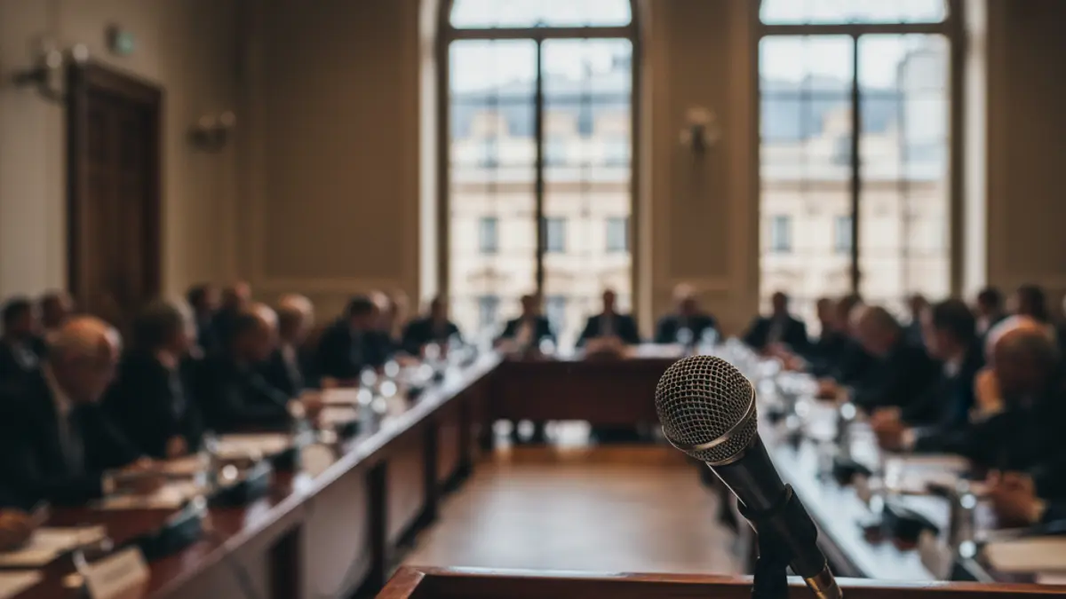 Generic image of a microphone on a podium during a press conference.