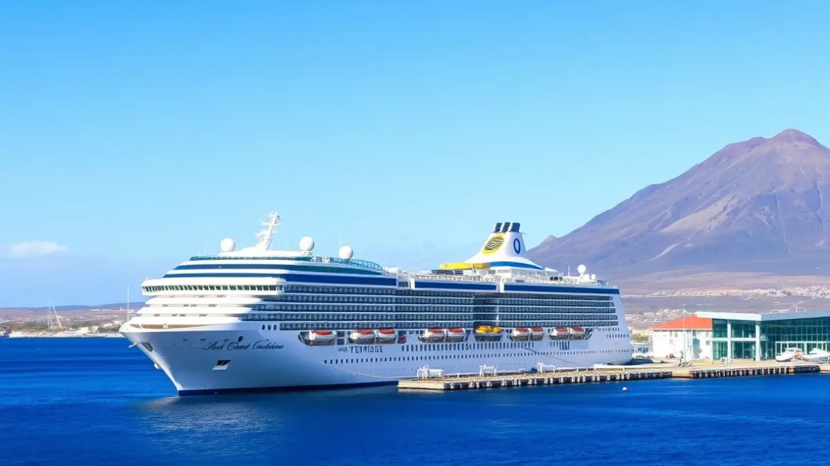Image of a cruise ship docked at a port in Tenerife, with the island's volcanic landscape in the background.