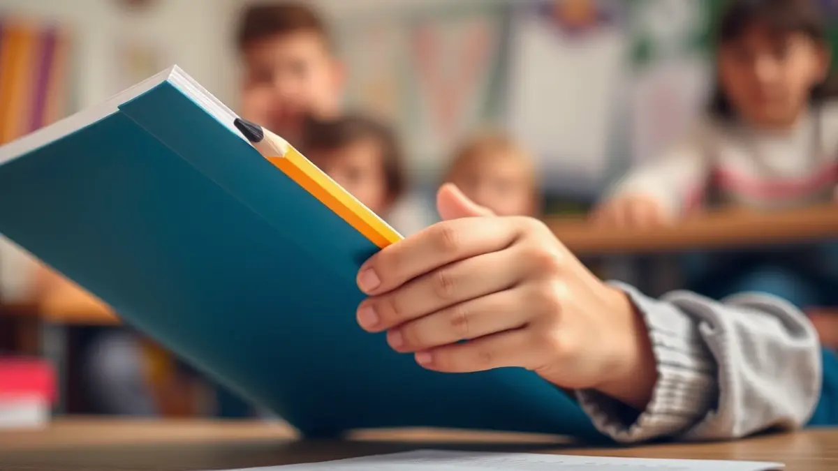 Imagen genérica de manos de un niño sosteniendo un libro escolar y un lápiz, simbolizando la educación y el apoyo infantil.