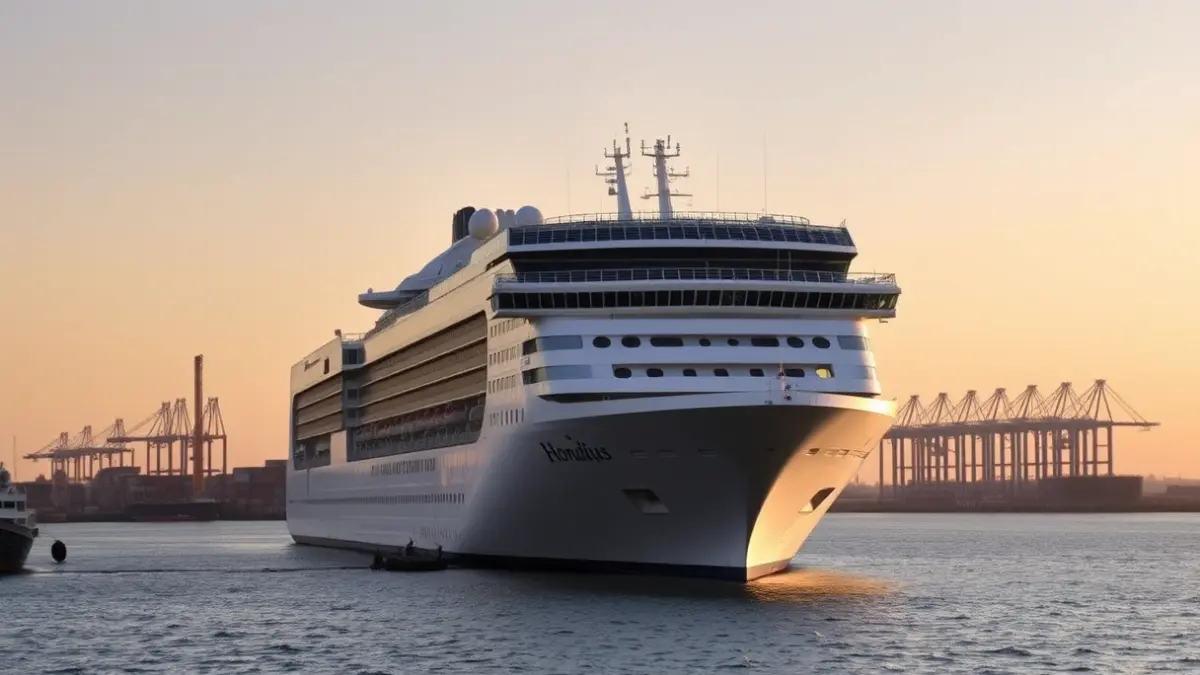Imagen del crucero Hondius fondeado en el puerto de Granadilla al amanecer.