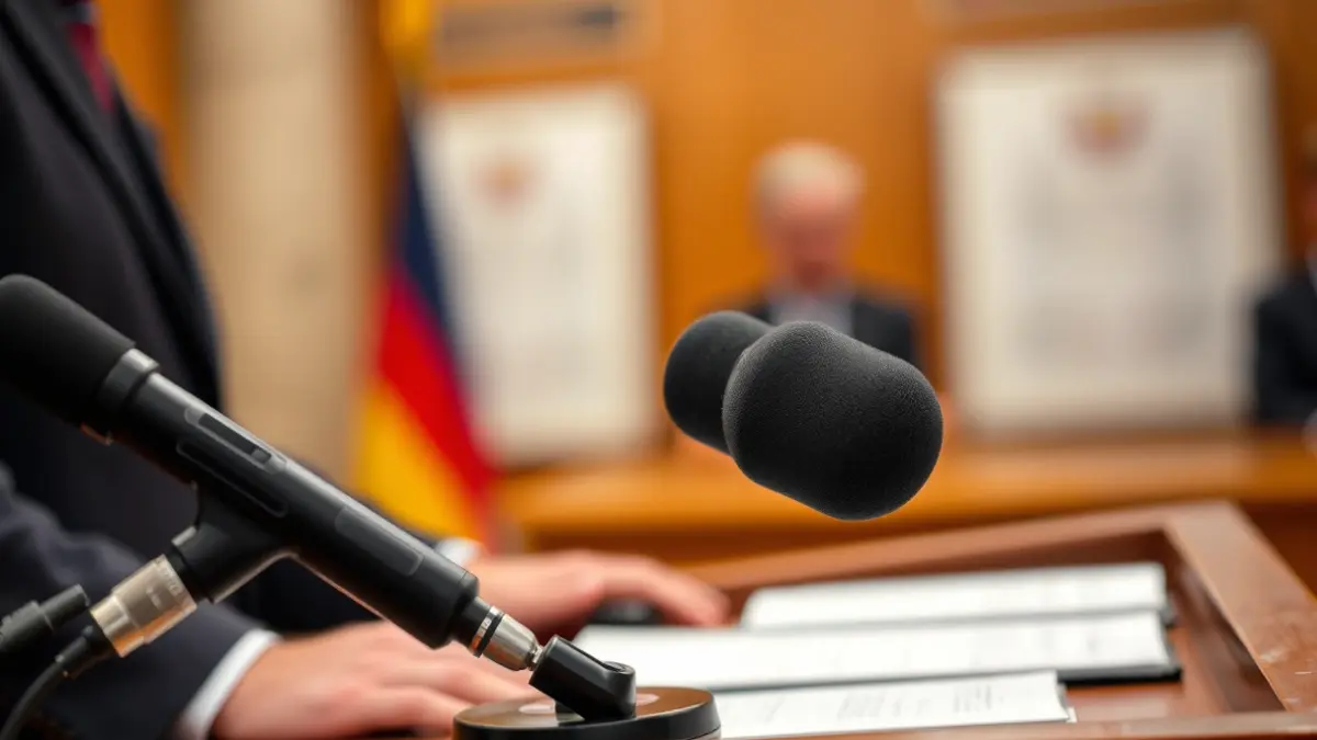 Imagen genérica de un micrófono en un podio durante una conferencia de prensa gubernamental.