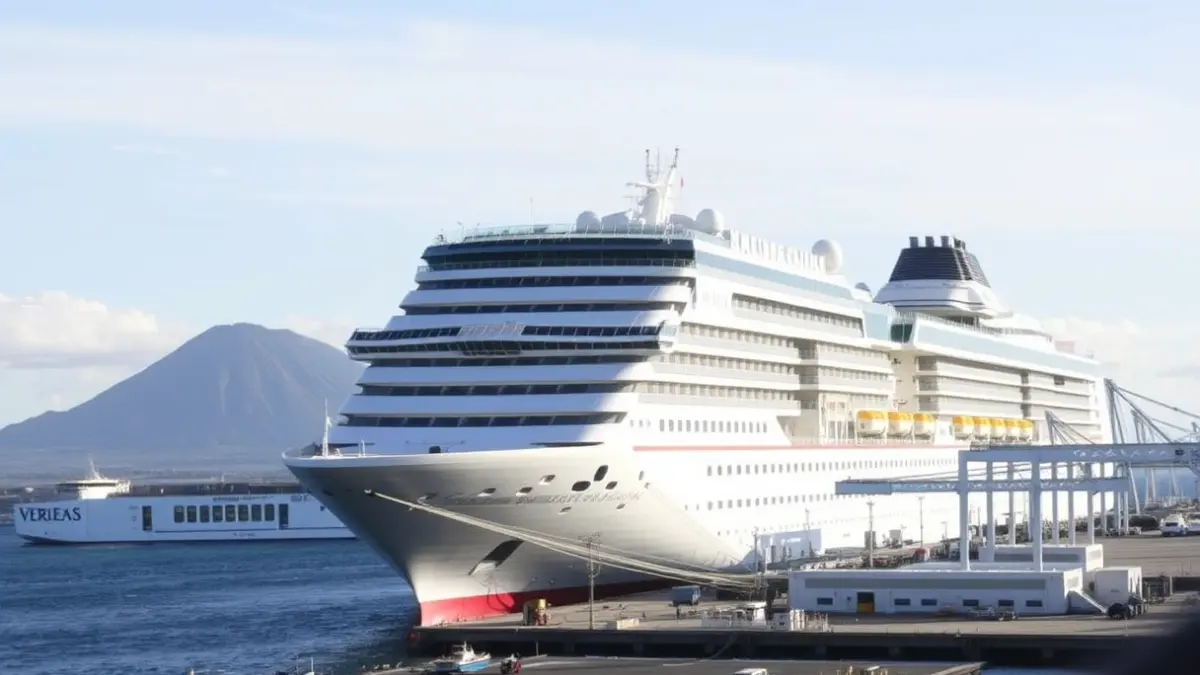 Image of a cruise ship docked at Granadilla port, Tenerife, with the volcanic landscape in the background.
