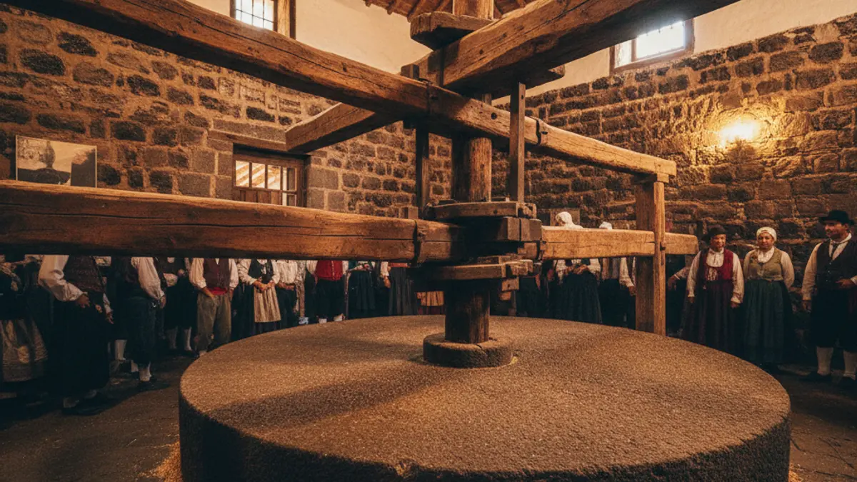 Imagen de un molino tradicional canario, con la piedra de moler y mecanismos de madera.