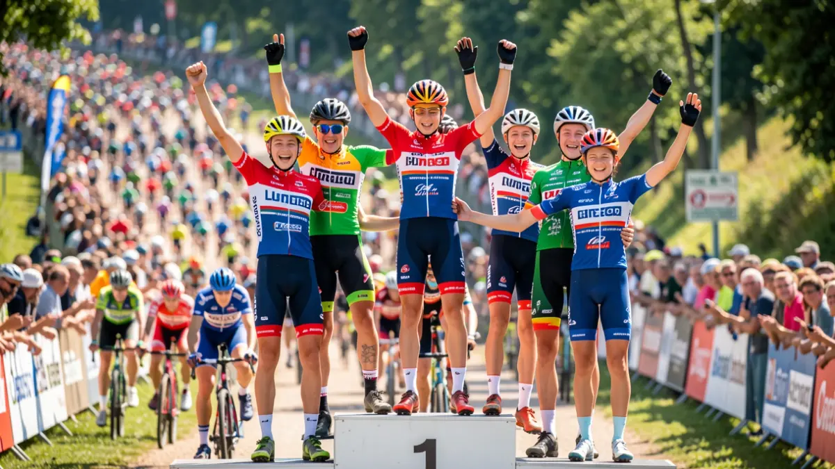 Imagen genérica de ciclistas jóvenes celebrando en un podio.