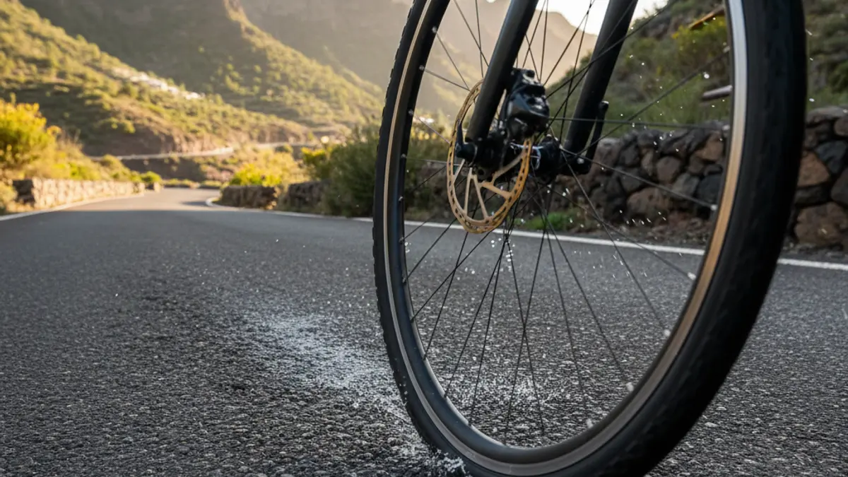 Imagen de una rueda de bicicleta en movimiento en una carretera, con un paisaje montañoso de Gran Canaria de fondo.