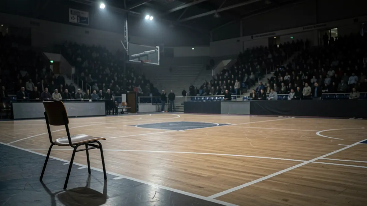 Pista de baloncesto vacía con una silla solitaria bajo luces tenues, reflejando el final de una temporada.