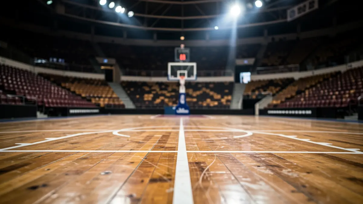 Generic image of an empty basketball court in a stadium with dramatic lighting.