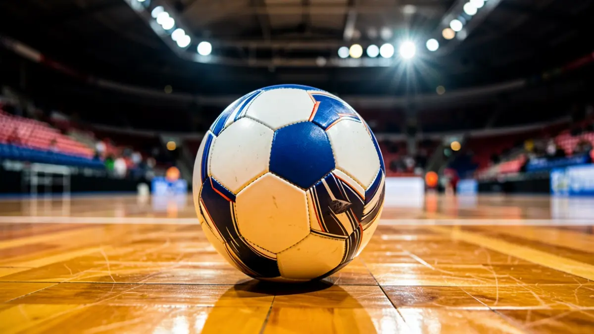 Balón de fútbol sala sobre la pista de un pabellón deportivo.