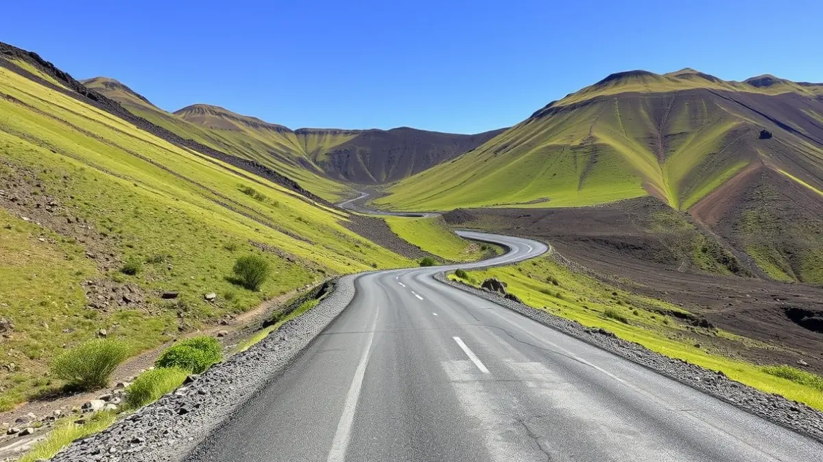 Carretera de montaña en La Gomera, con vegetación y cielo azul.