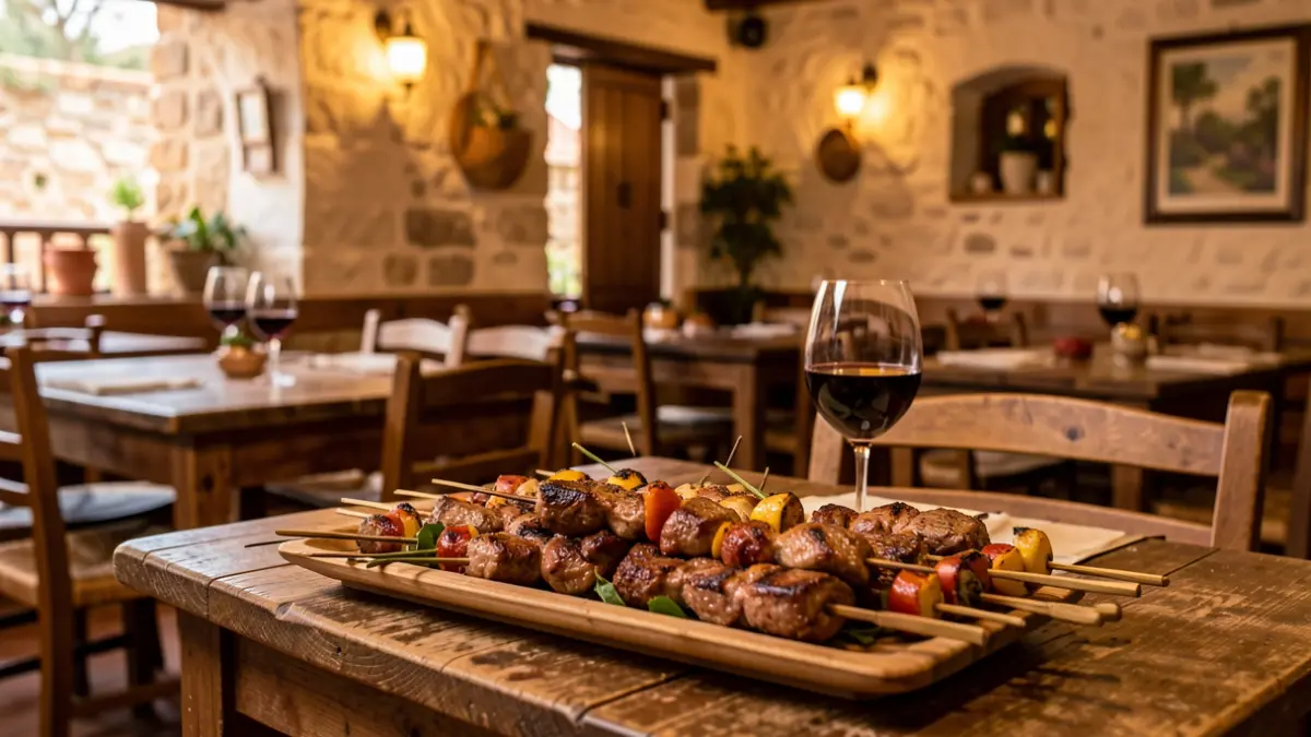 Generic image of a Canarian guachinche with grilled meats and wine.