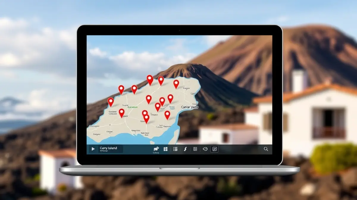 Imagen de una plataforma digital con un mapa y elementos de producción audiovisual en una pantalla, con un paisaje canario de fondo.