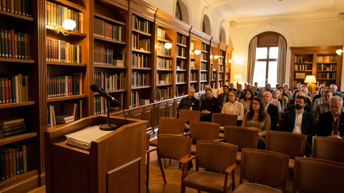 Escenario de una conferencia con micrófono y sillas en una sala iluminada.