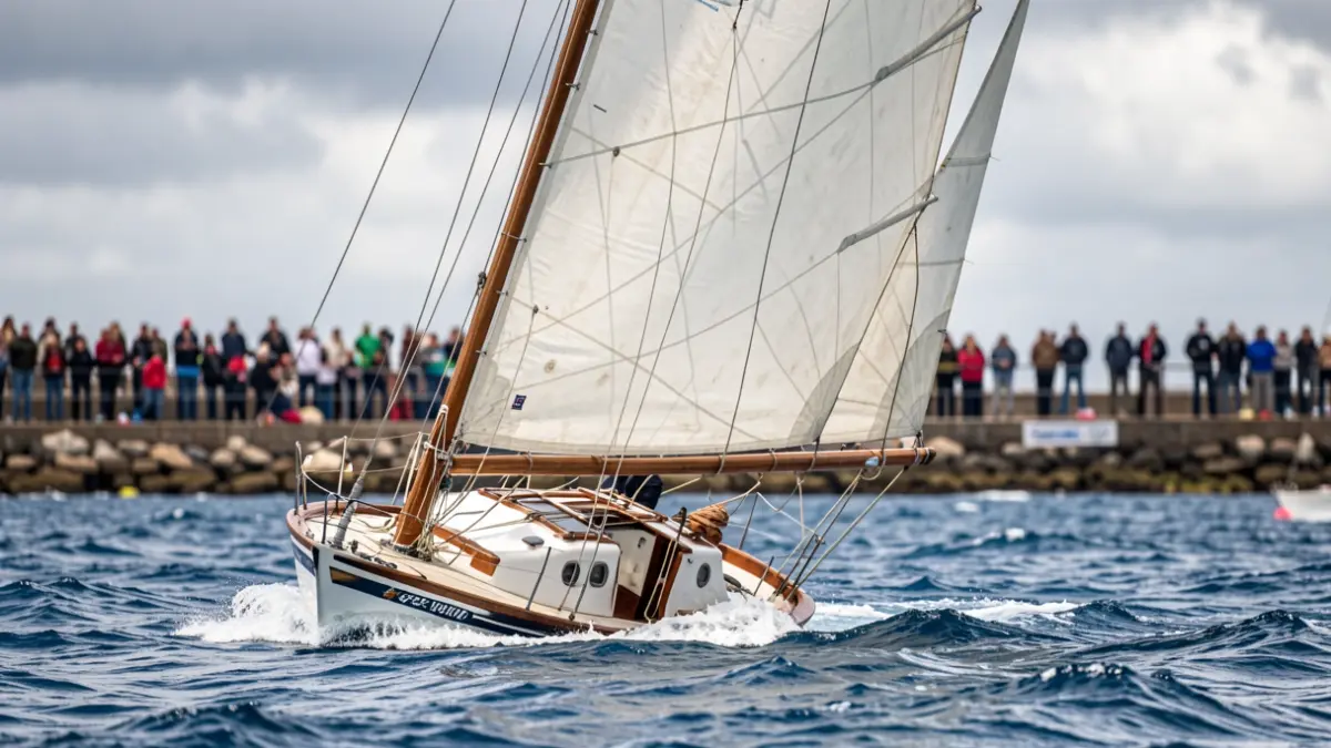 Un velero tradicional de Vela Latina Canaria navegando en aguas agitadas.