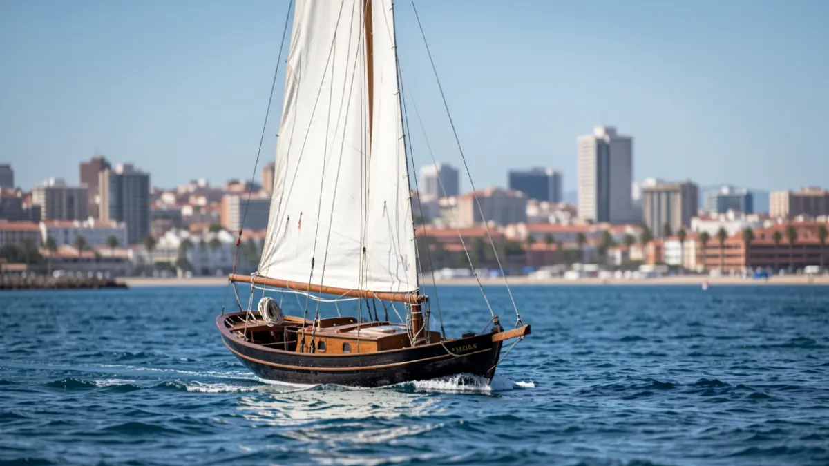 Un velero de vela latina canaria compitiendo en la bahía de Las Palmas.