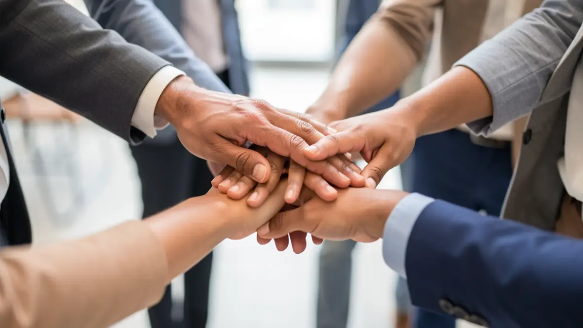 Generic image of diverse hands collaborating in a corporate setting.