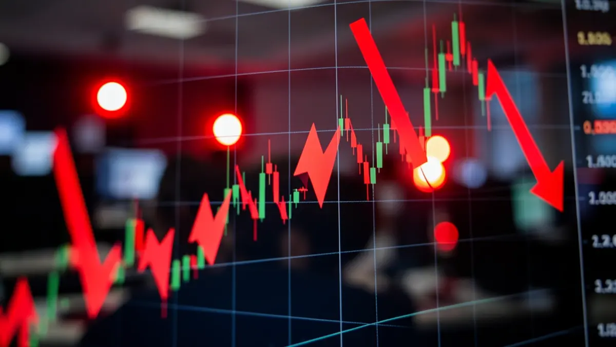 Falling stock market graph with red arrows and emergency lights.