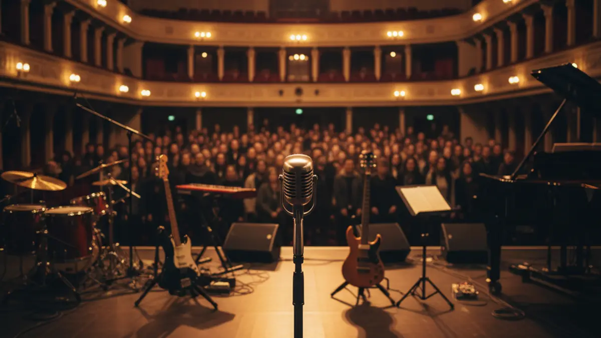 Imagen genérica de un escenario de concierto con un micrófono y luces cálidas.