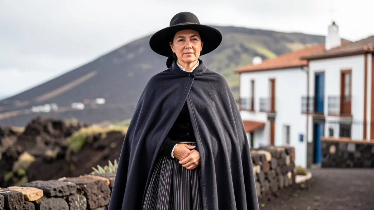 Imagen de una mujer con el traje tradicional de manto y saya de La Palma, con paisaje volcánico al fondo.