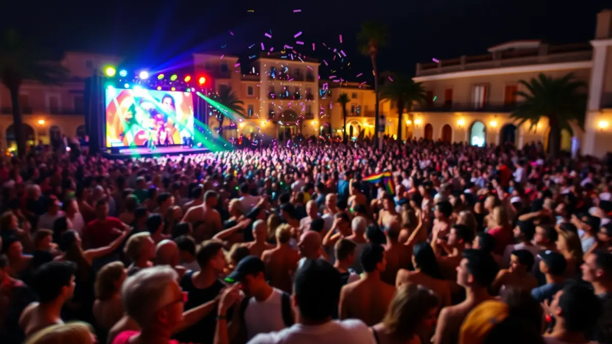 Imagen de una multitud animada en una plaza durante un evento nocturno con luces de escenario.
