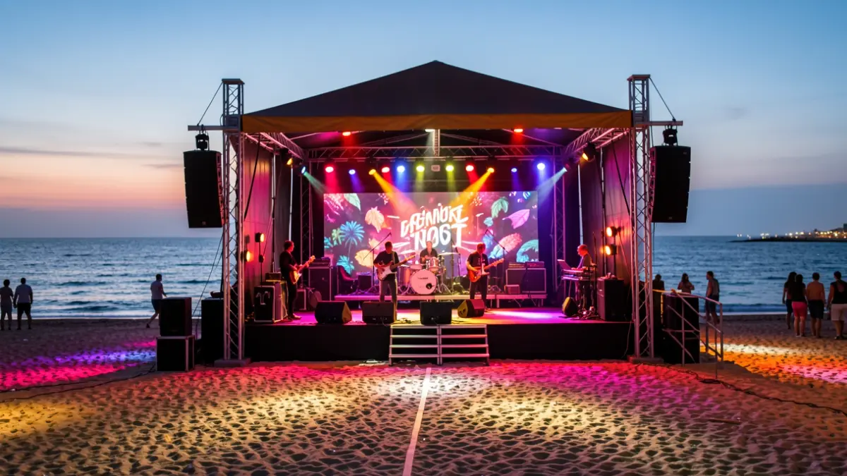 Imagen genérica de un festival de música al aire libre en la playa al atardecer.