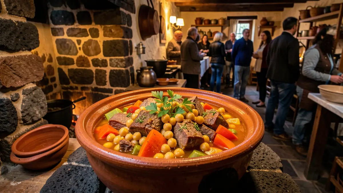 A serving of Canarian stew, a traditional dish with chickpeas, meats, and vegetables.