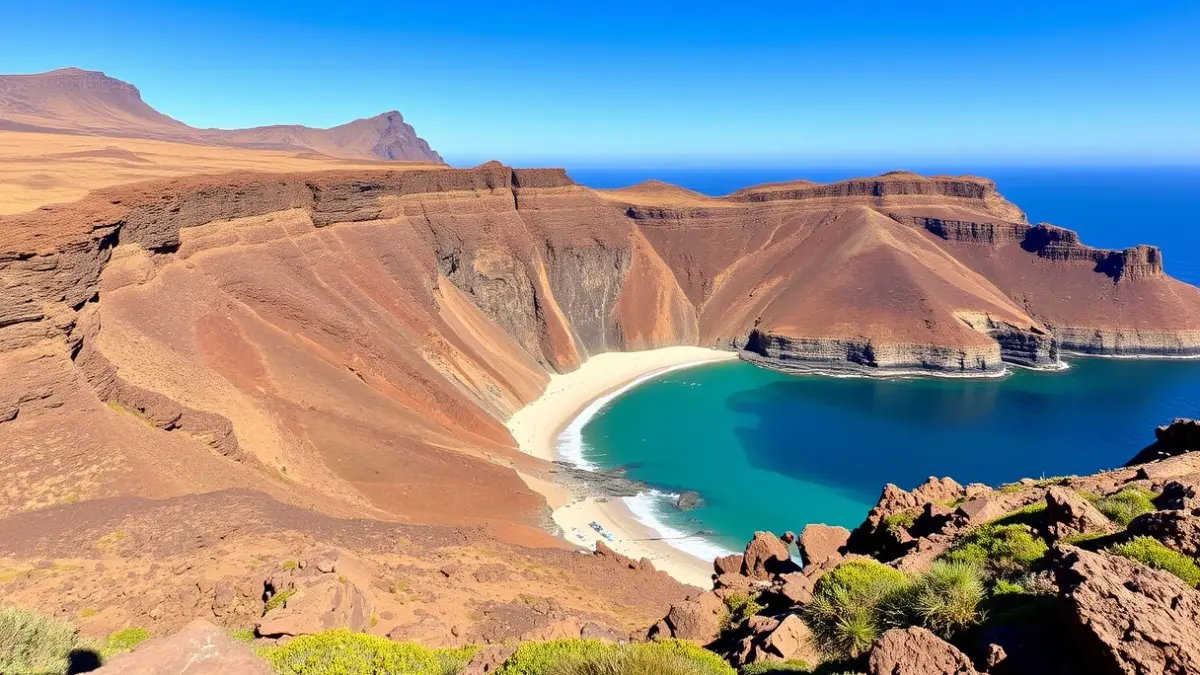 View of the remote coast of Gran Canaria with cliffs and an isolated beach.
