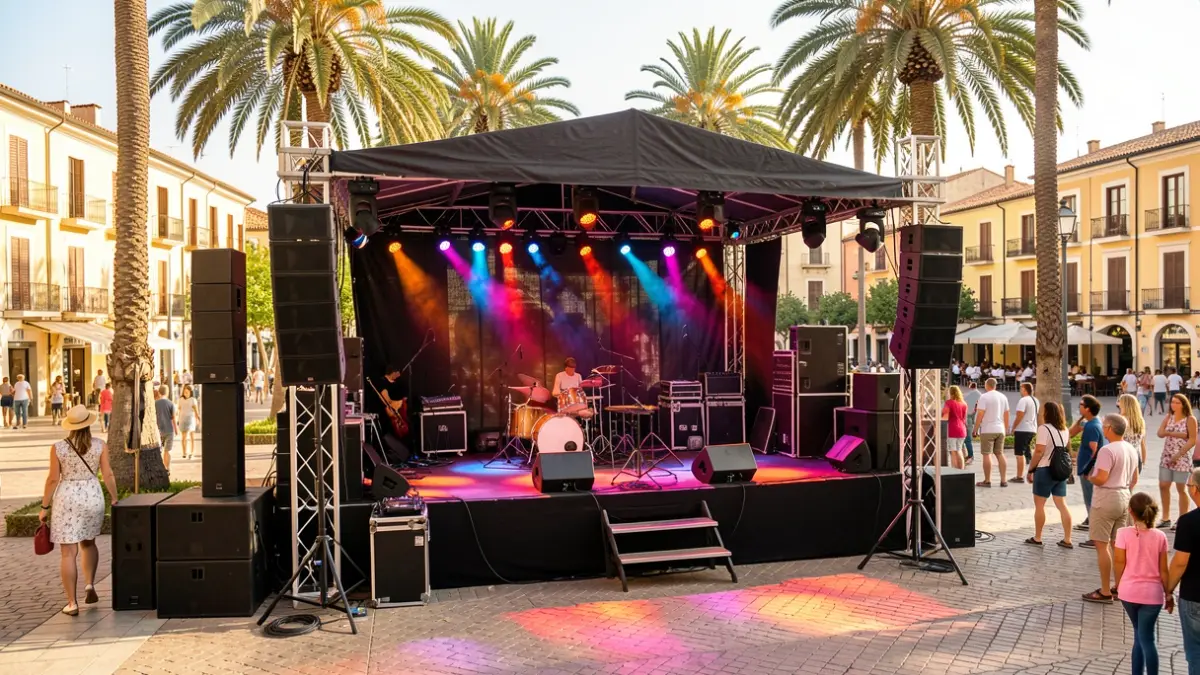 Outdoor stage in a plaza with palm trees during a cultural event.