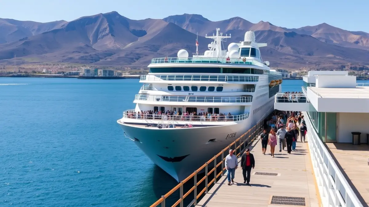 Image of a cruise ship docked at Granadilla port, with passengers disembarking.
