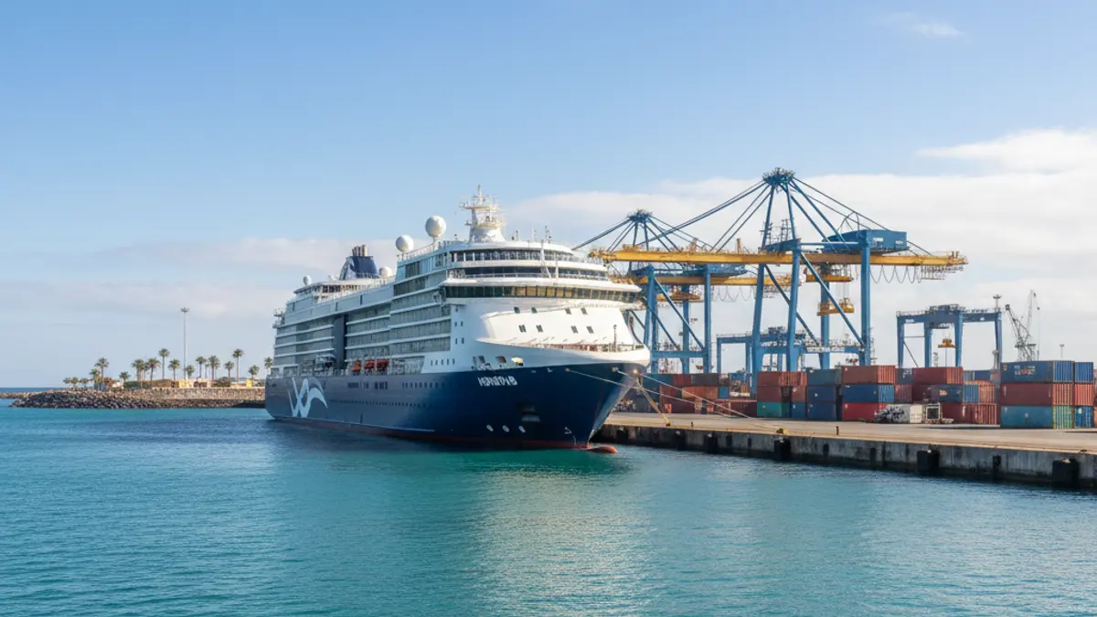 El buque de expedición MV Hondius atracado en el Puerto de Granadilla.