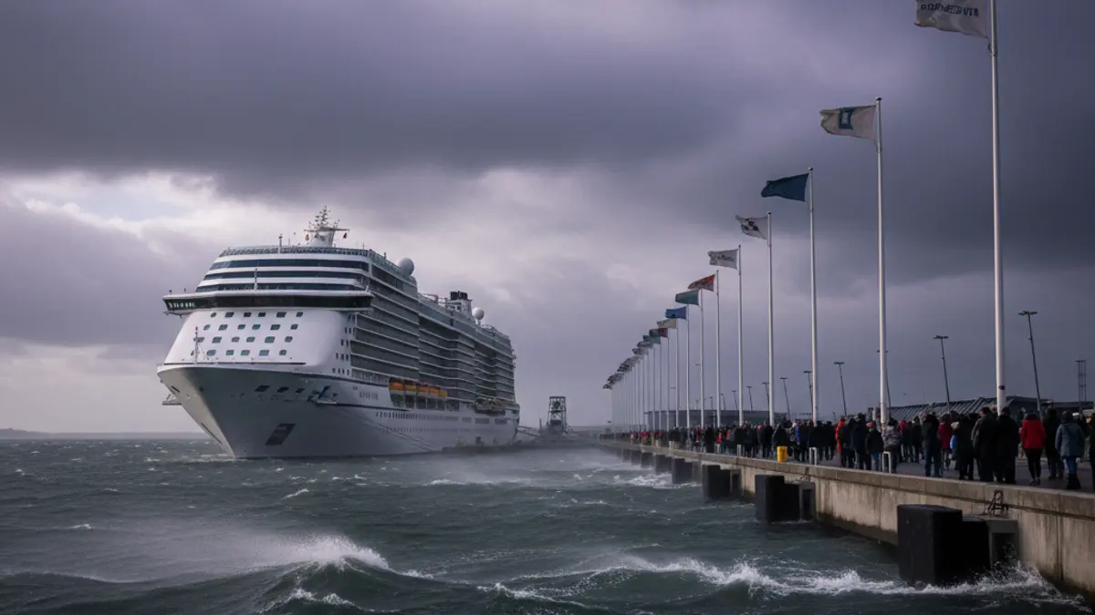 A cruise ship docked at Granadilla port with strong winds.