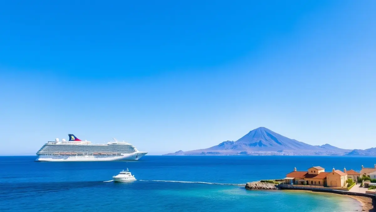Image of a cruise ship anchored near the Canary Islands coast, with an evacuation boat approaching.