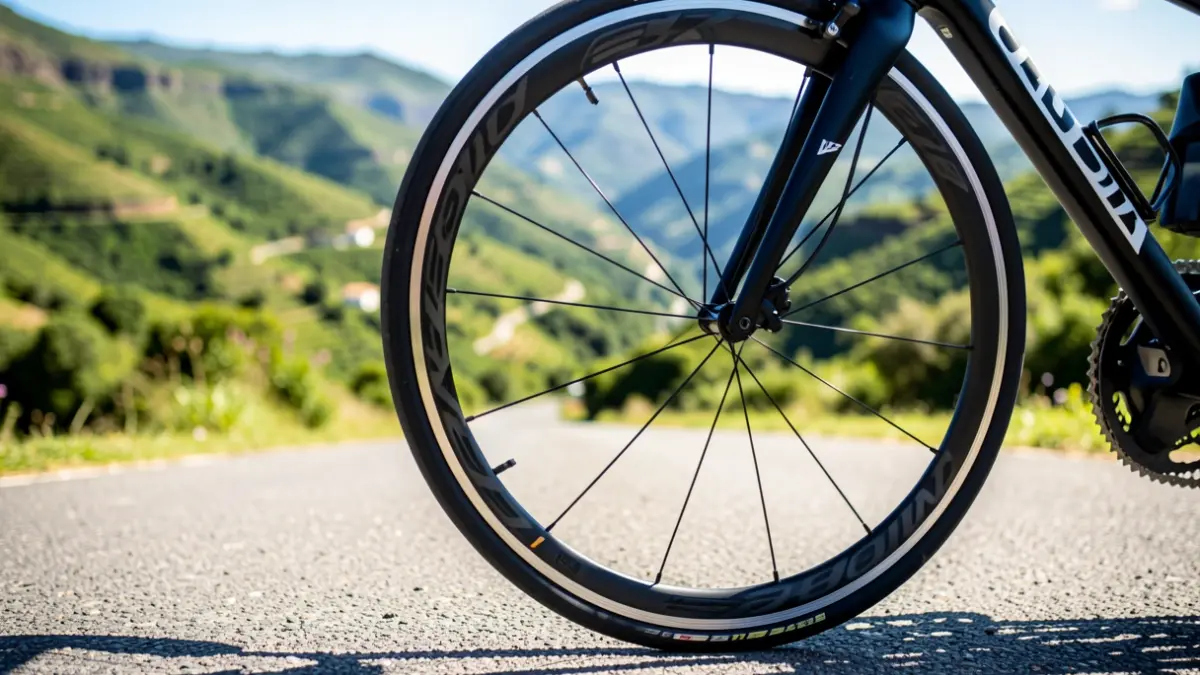 Imagen genérica de una bicicleta de carretera en una carretera con paisaje de fondo.