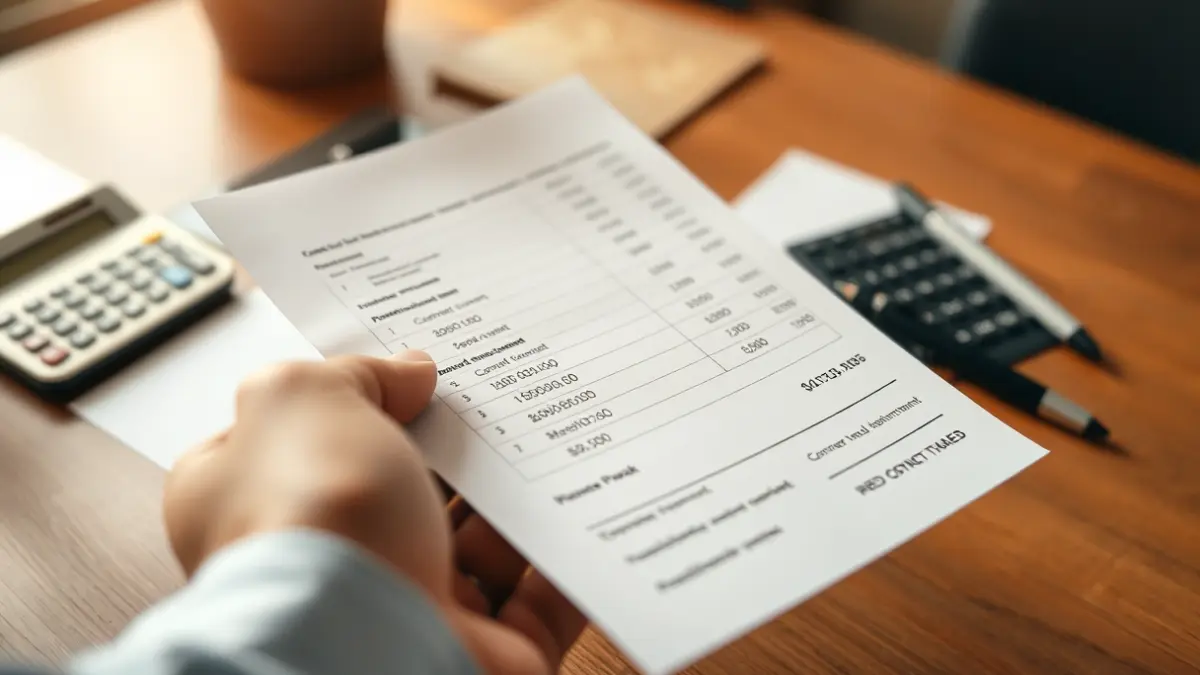 Generic image of a hand holding a payslip, with a calculator and a pen on a desk.