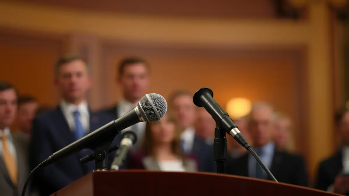 Generic image of a microphone on a podium during a press conference.