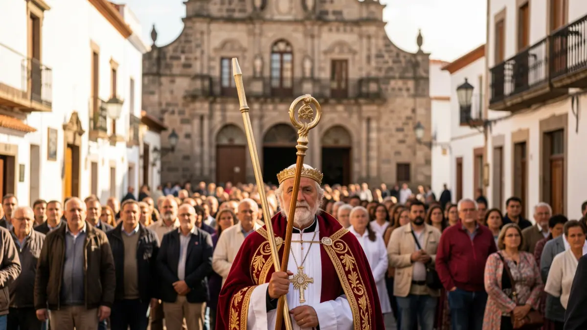 Imagen genérica de una figura religiosa en una procesión frente a un edificio oficial en Canarias.
